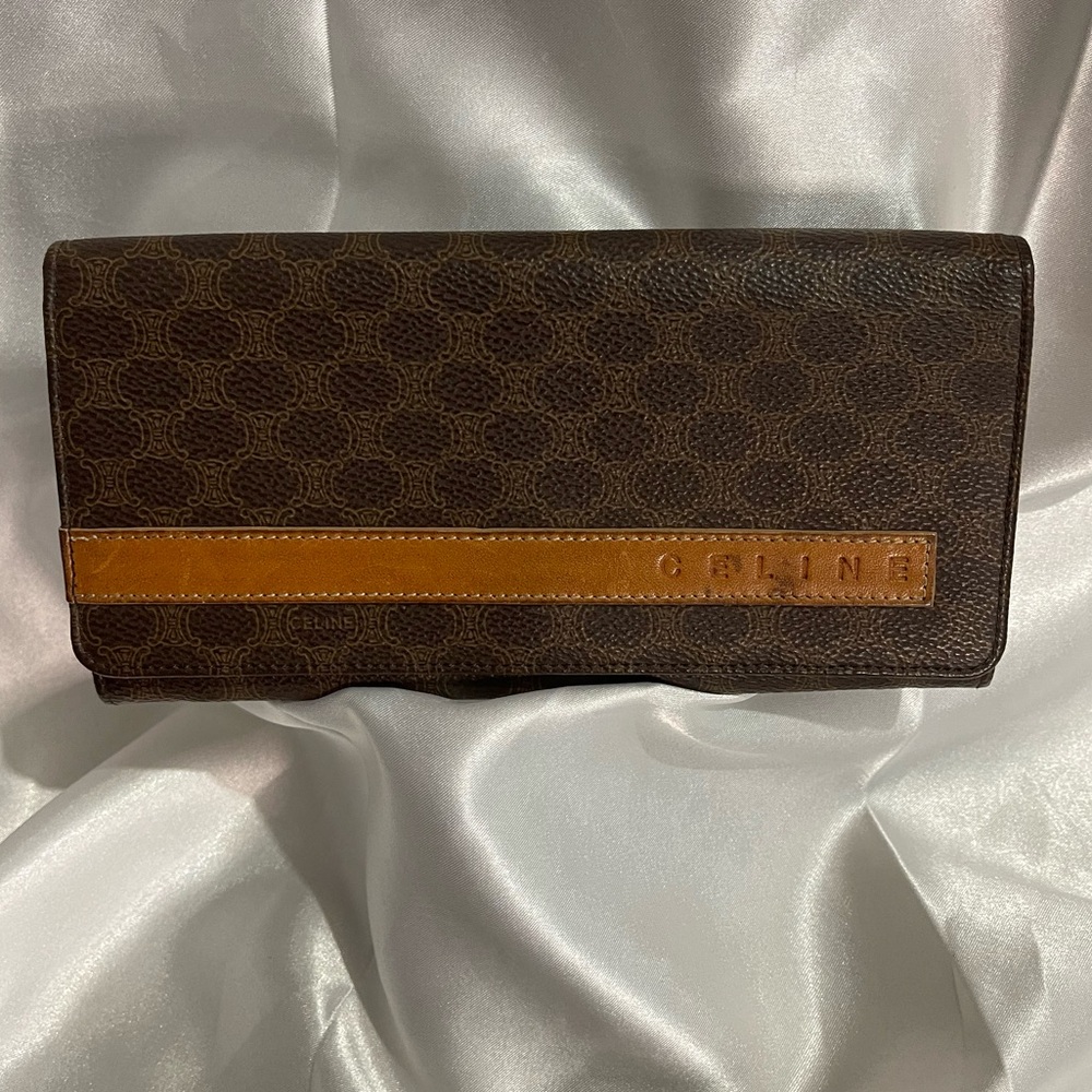 CELINE Vintage Kisslock Macadam logo coated canvas embossed long wallet